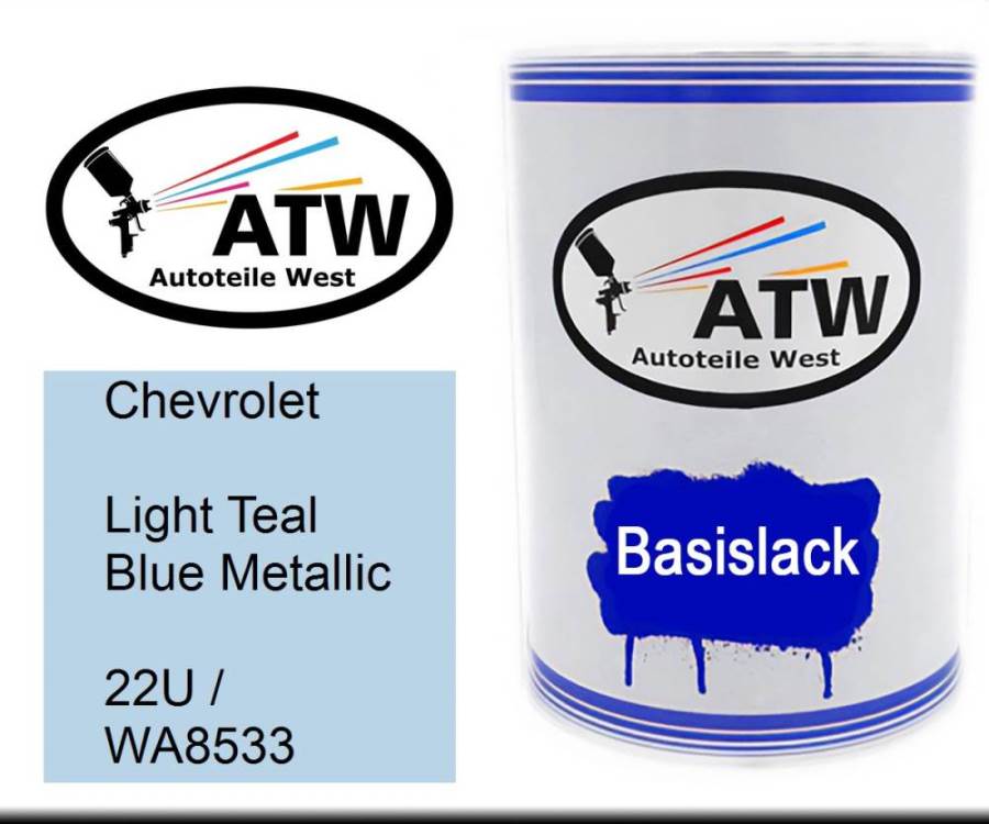 Chevrolet, Light Teal Blue Metallic, 22U / WA8533: 500ml Lackdose, von ATW Autoteile West.